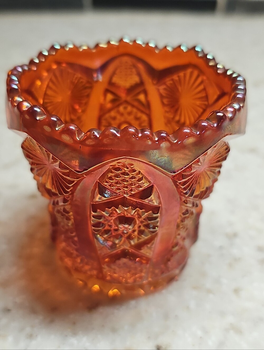 Imperial Marigold Carnival Glass Toothpick Holder Daisy Button Sawtooth Rim 2.5"
